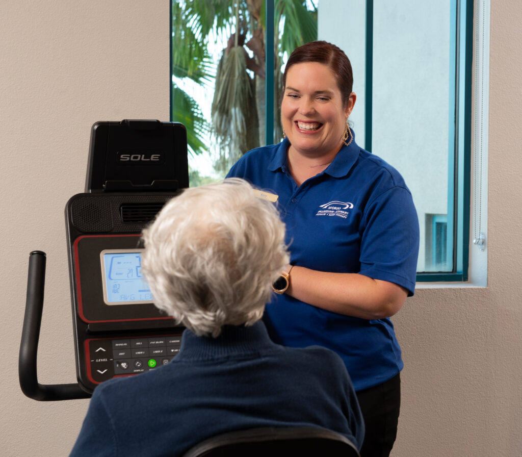 Professional with senior patient discussing state of the art therapy options